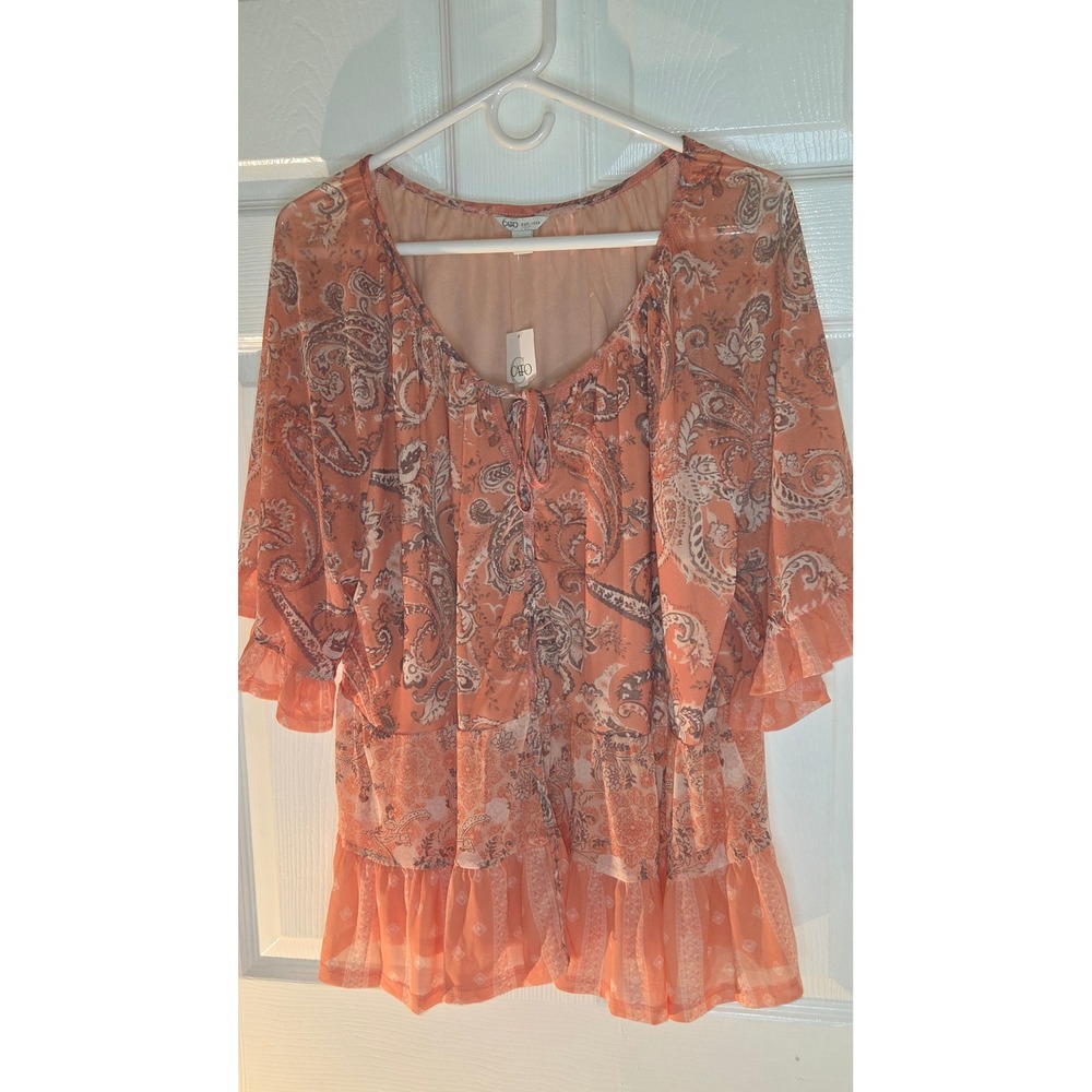 Cato Womens Plus Size 18/20W Coral Paisley Chiffon Ruffle Tiered Blouse NWT